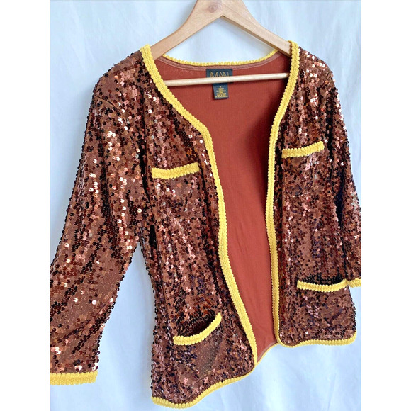 IMAN Bronze Metallic Sequin Blazer Jacket Yellow trim Size M NWOT - Picture 2 of 4